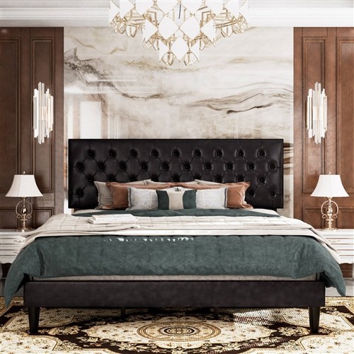 King Size Black Faux Leather Upholstered Platform Bed with Button Tufted Headboard