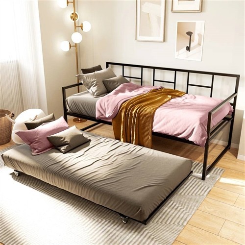 Twin Size Minimalist Black Metal Day Bed Frame with Twin Trundle Bed