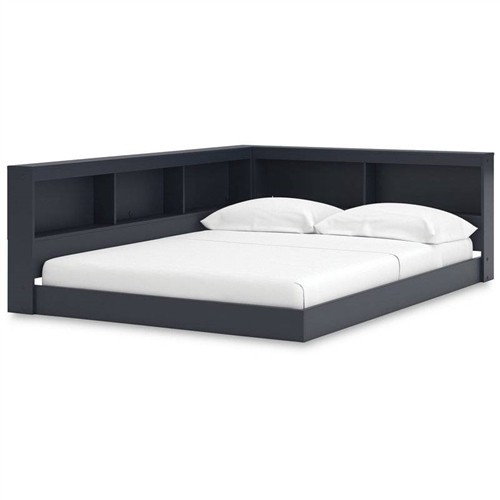 Twin Size Blue Wood Corner Platform Bed Frame with Storage Shelves and USB Ports