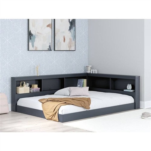 Twin Size Blue Wood Corner Platform Bed Frame with Storage Shelves and USB Ports