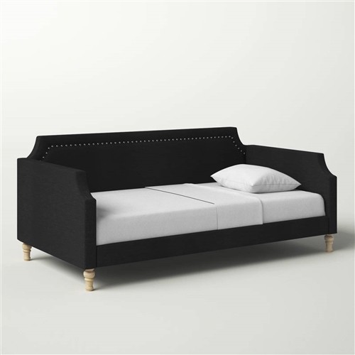 Twin Size Black Polyester Upholstered Day Bed Frame with Nailhead Trim