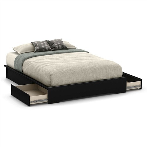 Queen Size Black Wood Platform Bed Frame with 2 Storage Drawers