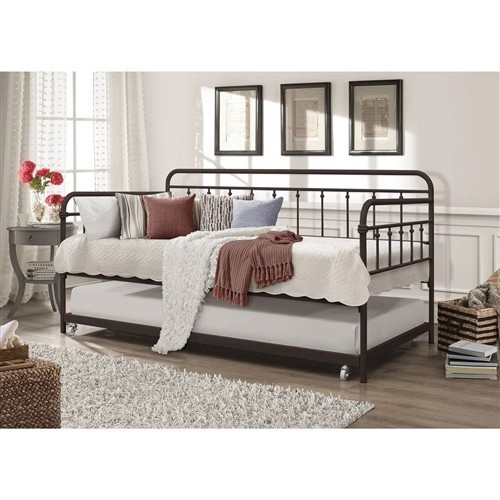 Twin Size Traditional Copper Brown Metal Day Bed Frame with Twin Trundle Bed