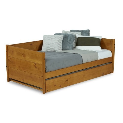 Twin Size Medium Brown Solid Wood Day Bed Frame with Twin Trundle Bed