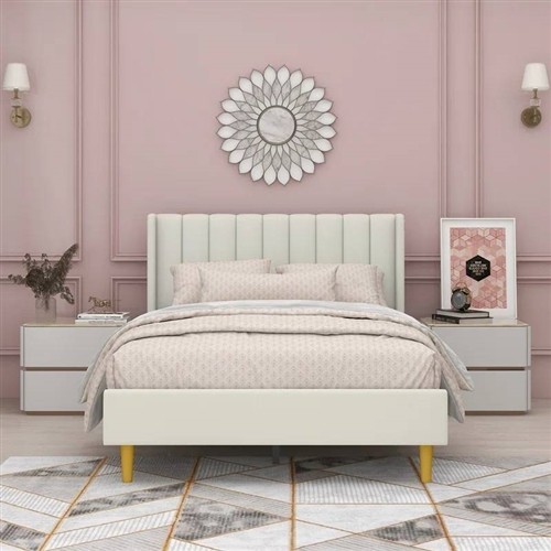 Full Size Mid-Century Cream Velvet Upholstered Platform Bed Frame with Headboard