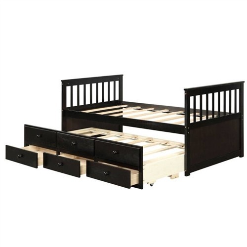 Twin Over Twin Size Dark Brown Wood Captains Bed Frame with Pull Out Trundle Bed and 3 Storage Drawers