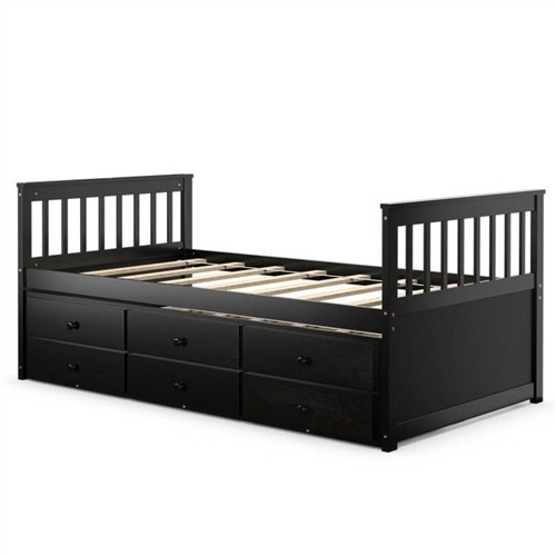 Twin Over Twin Size Dark Brown Wood Captains Bed Frame with Pull Out Trundle Bed and 3 Storage Drawers