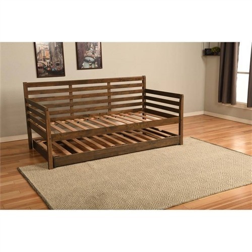 Twin Size Walnut Solid Wood Day Bed Frame with Pull-Out/Pop-Up Twin Trundle Bed