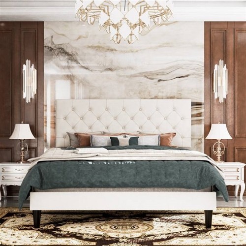 Full Size White Faux Leather Upholstered Platform Bed Frame with Button-Tufted Headboard