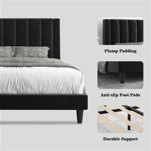 Full Size Black Velvet Upholstered Platform Bed Frame with Headboard