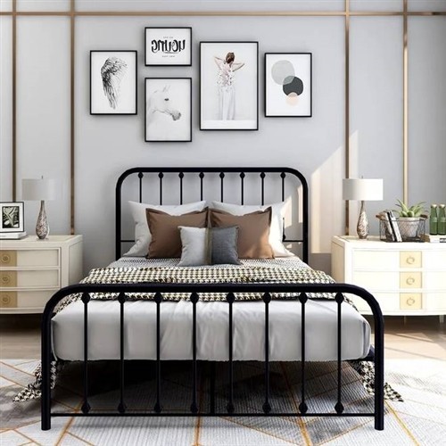 Full Size Black Metal Bed Frame with Slatted Headboard and Footboard