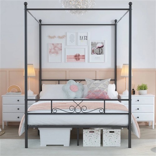Full Size Four Poster Black Metal Canopy Bed
