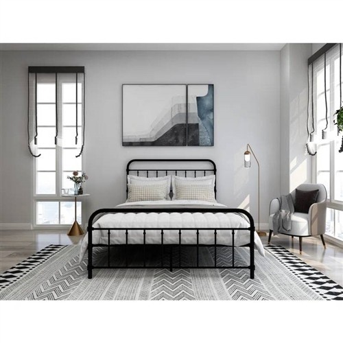 Full Size Black Metal Bed Frame with Rounded Headboard and Footboard