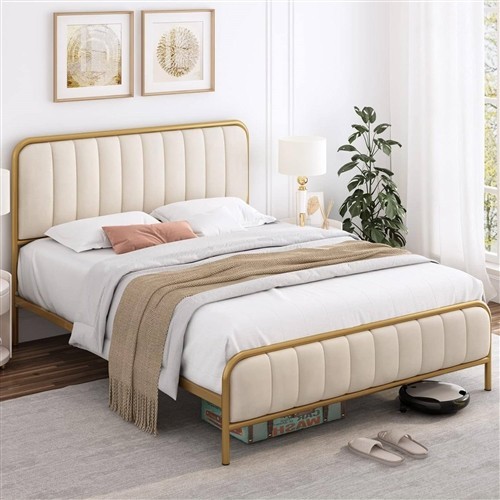 Full Size Gold Metal Platform Bed Frame with Off-White Upholstered Headboard