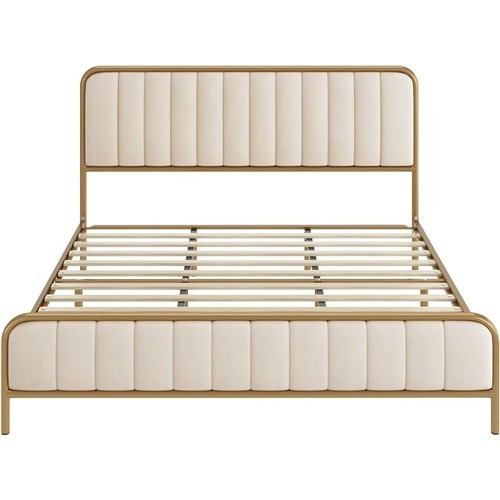 Full Size Gold Metal Platform Bed Frame with Off-White Upholstered Headboard