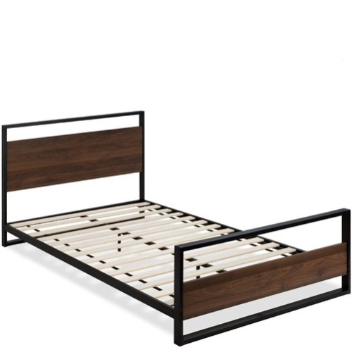 Queen Size Farmhouse Black Metal Platform Bed Frame with Dark Wood Headboard and Footboard