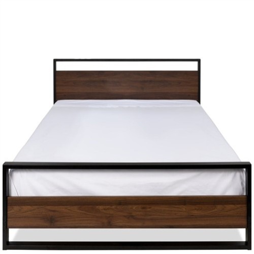 Queen Size Farmhouse Black Metal Platform Bed Frame with Dark Wood Headboard and Footboard
