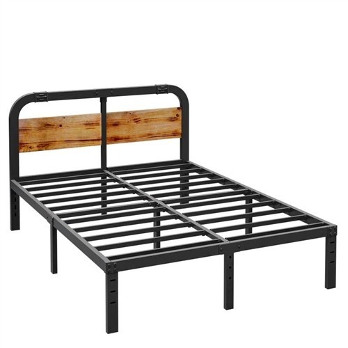 Full Size Heavy Duty Black Metal Bed Frame with Solid Wood Panel Headboard