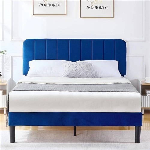 Full Size Blue Upholstered Platform Bed Frame with Headboard