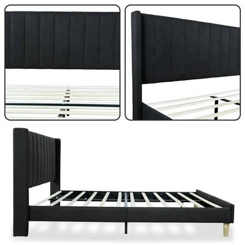 Full Size Mid-Century Black Upholstered Platform Bed Frame with Black Upholstered Headboard