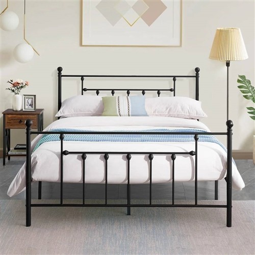 Full Size Vintage Black Metal Platform Bed Frame with Headboard and Footboard