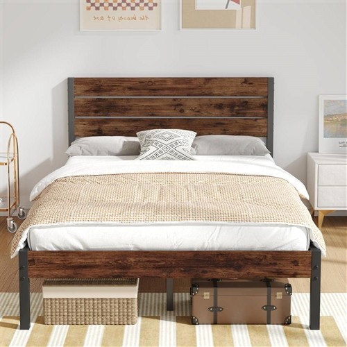 Full Size Farmhouse Black Metal Platform Bed Frame with Brown Wood Headboard