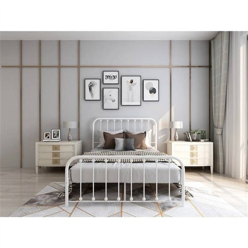 Full Size White Metal Bed Frame with Slatted Headboard and Footboard