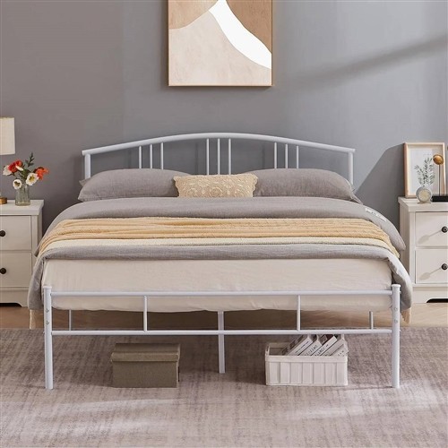 Full Size White Metal Platform Bed Frame with Arched Headboard