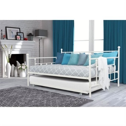 Full Size Farmhouse White Metal Day Bed Frame with Twin Trundle Bed