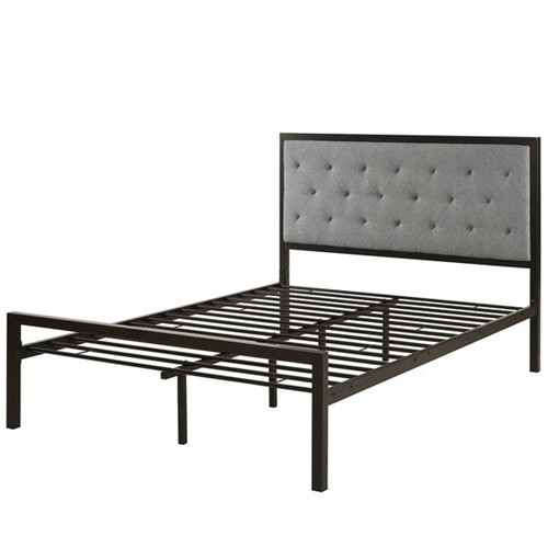 Full Size Black Metal Platform Bed with Grey Upholstered Button Tufted Headboard
