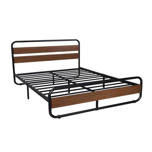 Full Size Industrial Black Metal Platform Bed Frame with Brown Wood Headboard