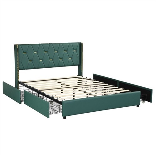 Full Size Green/Gold Upholstered Platform Bed Frame with 4 Storage Drawers