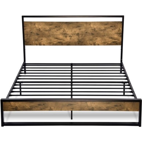 Full Size Black Metal Platform Bed Frame with Industrial Wood Headboard
