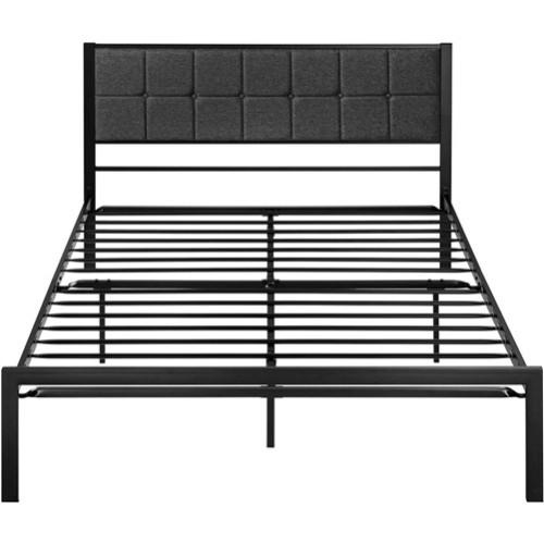 Full Size Black Metal Platform Bed Frame with Gray Button Tufted Upholstered Headboard