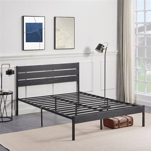 Full Size Industrial Black Metal Platform Bed Frame with Black Wood Slatted Headboard