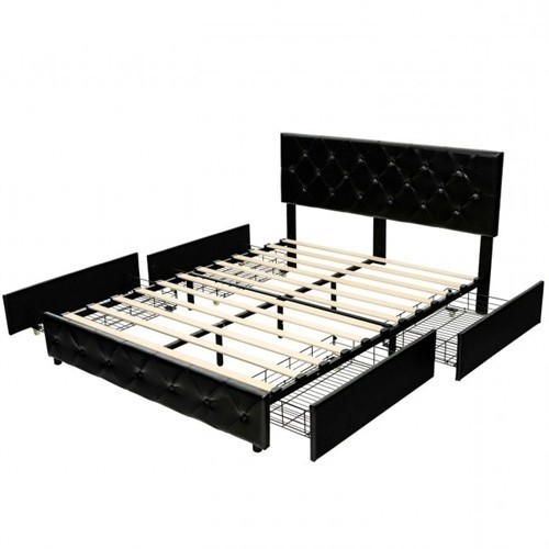 Full Size Black PU Leather Button Tufted Platform Bed Frame with 4 Storage Drawers