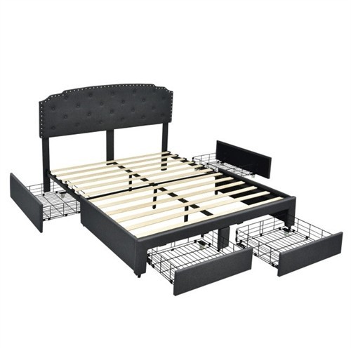 Full Size Grey Upholstered Platform Bed Frame with Adjustable Headboard and 4 Storage Drawers