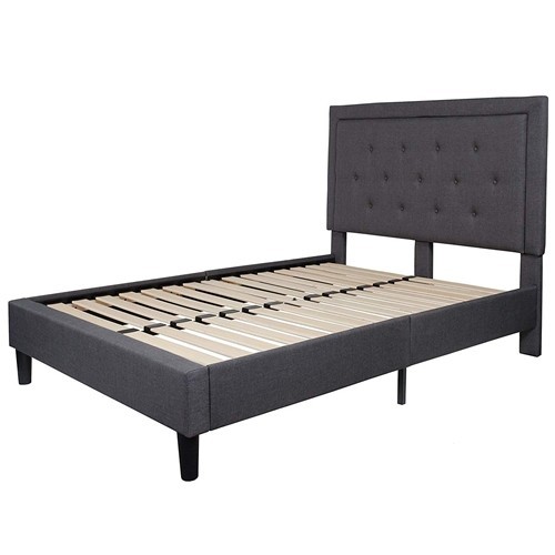 Full Size Dark Grey Upholstered Platform Bed Frame with Button Tufted Headboard