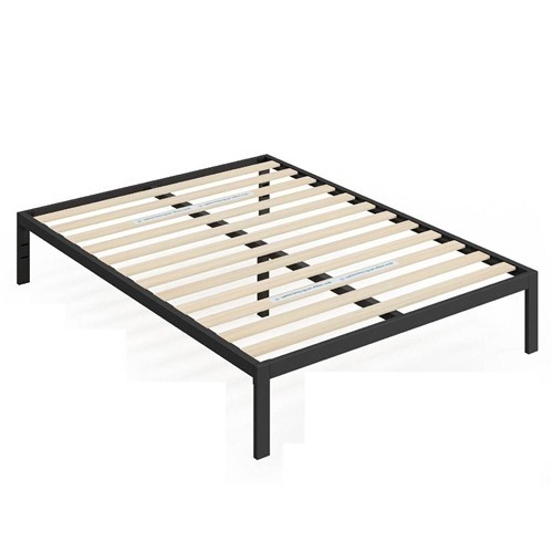 Full Size Black Metal Platform Bed Frame with Wood Slats