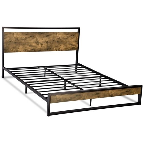 Full Size Black Metal Platform Bed Frame with Rustic Wood Panel Headboard and Footboard