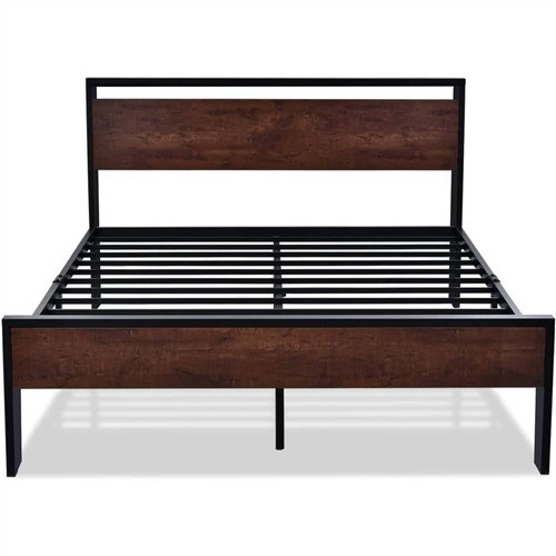 Full Size Black Metal Platform Bed Frame with Mahogany Wood Panel Headboard and Footboard