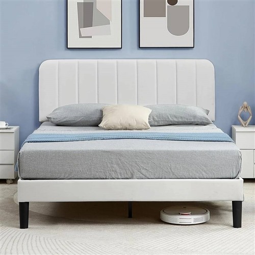 Full Size White Upholstered Platform Bed Frame with Headboard