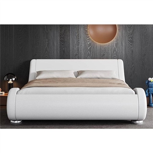 Full Size White Upholstered Platform Bed Frame with Sleigh Curved Headboard