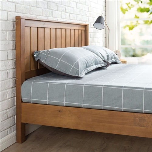 Full Size Solid Medium Brown Wood Platform Bed Frame with Headboard