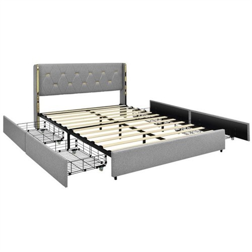 Full Size Grey/Gold Upholstered Platform Bed Frame with Headboard and 4 Storage Drawers