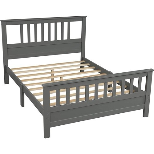 Full Size Solid Grey Pine Wood Platform Bed Frame with Slatted Headboard and Footboard