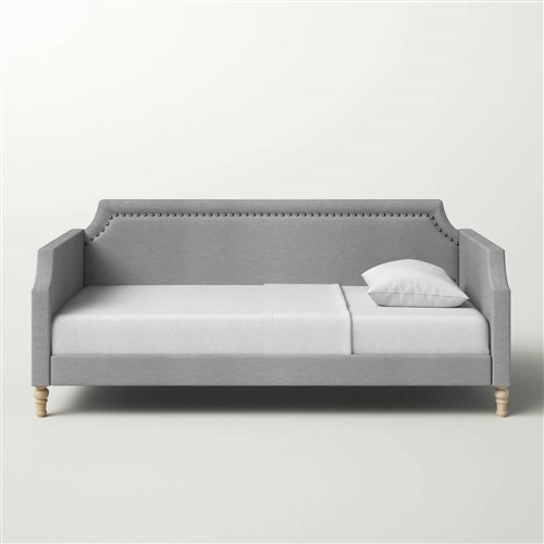 Twin Size Grey Polyester Upholstered Day Bed Frame with Nailhead Trim