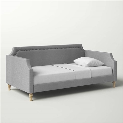Twin Size Grey Polyester Upholstered Day Bed Frame with Nailhead Trim