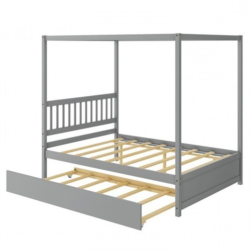 Full Size Grey Canopy Platform Bed with Twin Roller Trundle Bed