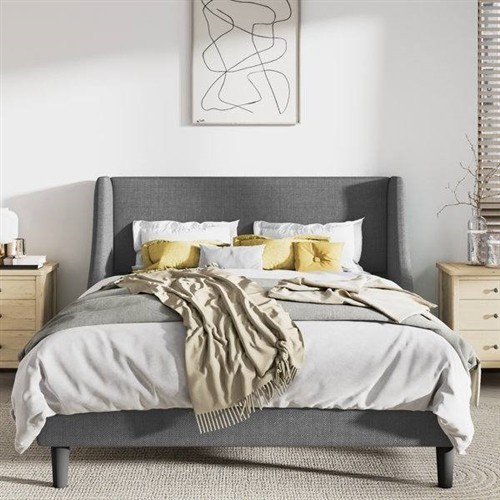 King Size Grey Upholstered Platform Bed Frame with Wingback Headboard